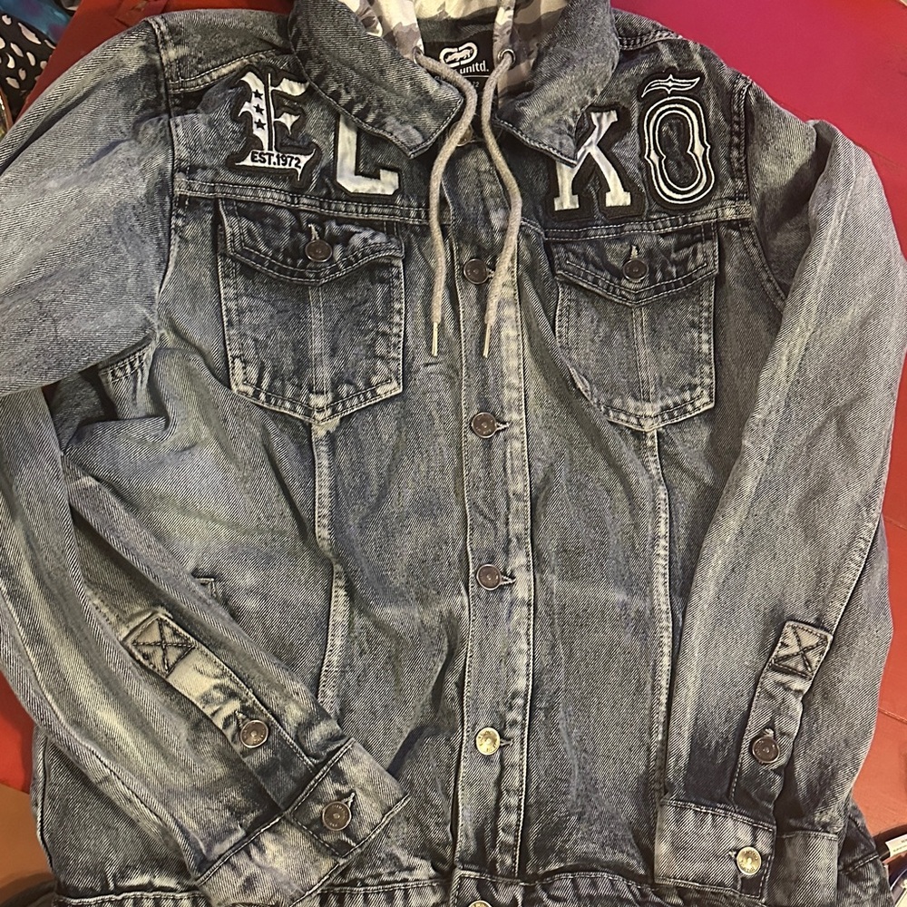 Ecko Unlimited Denim Jacket with Gray Hoodie large y2k